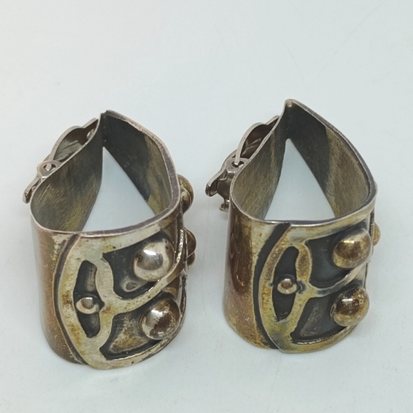 * huge vintage Mexico 925 brutalist modernist sterling silver clip on earrings - Picture 6 of 7